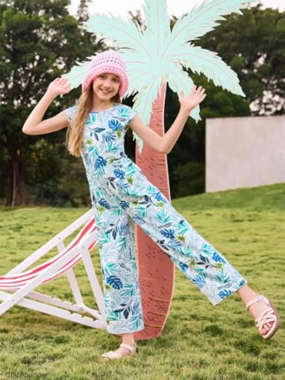 Girls Ribbed Cap Sleeve Wide Leg Jumpsuit Floral Print